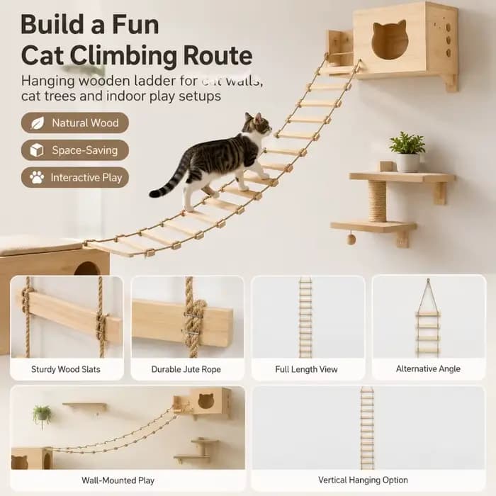 Échelle en corde pour chat en bois