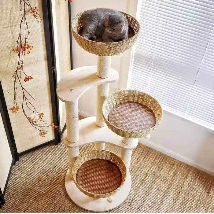 Tour à chat multi-niveaux en bois gris du sol au plafond, arbre à chat en bois
