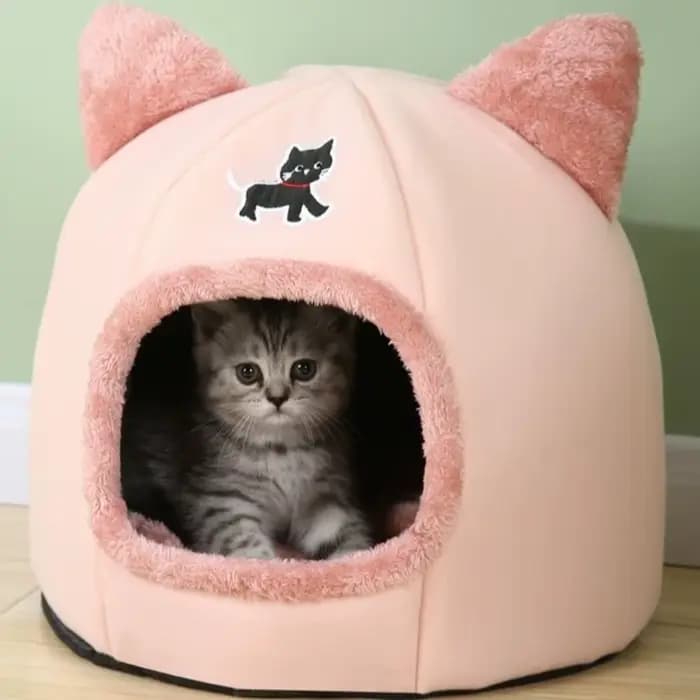 Nid d'hiver universel semi-fermé pour chat, dessin animé, confortable, coupe-vent, grotte pour chat, panier de couchage chaud antidérapant pour chats et chiens
