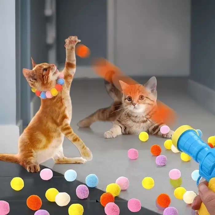 Jouets interactifs pour chatons : Jouet d'entraînement créatif avec mini pistolet lanceur et balles en peluche extensibles – Fournitures pour animaux de compagnie