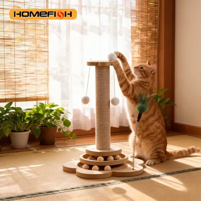Jouet pour chat en bois massif, plateau tournant pour chat, boules de bâton amusantes, planche à gratter en Sisal Durable, fournitures pour chat, colonne de préhension pour chat