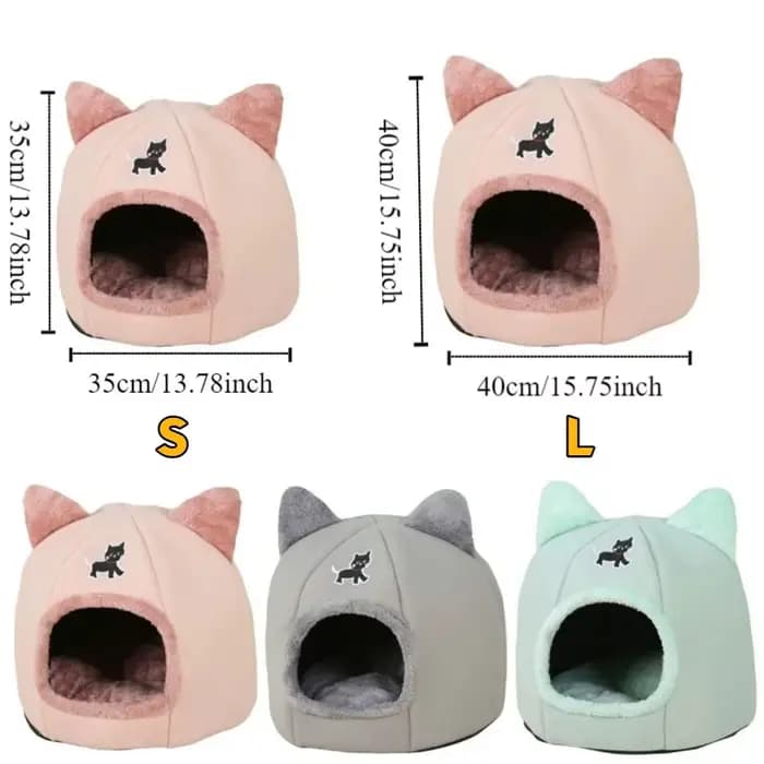 Nid d'hiver universel semi-fermé pour chat, dessin animé, confortable, coupe-vent, grotte pour chat, panier de couchage chaud antidérapant pour chats et chiens