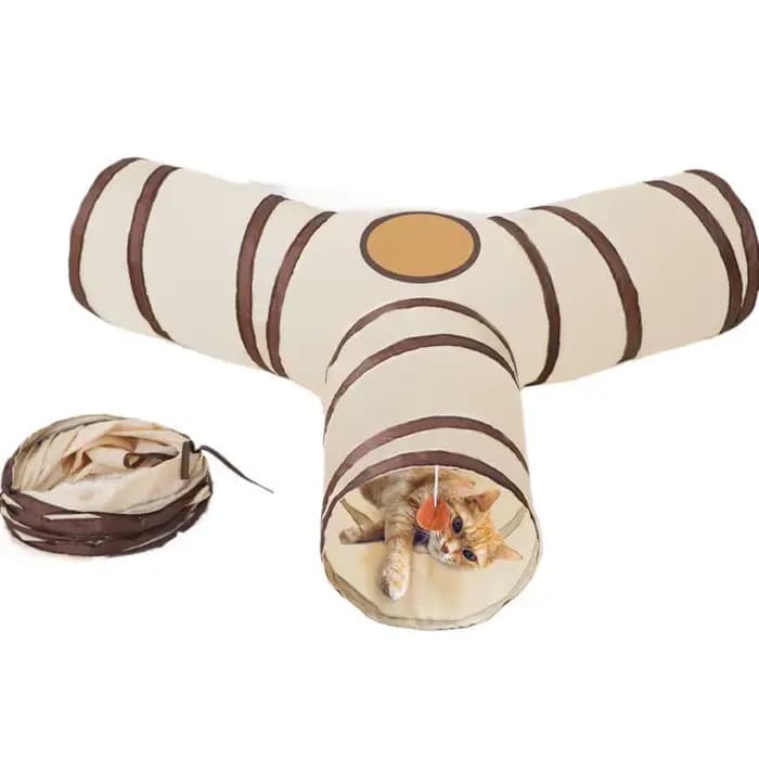 Tunnel de jeu pliable et facile à ranger tout-en-un pour chat - Jouet interactif rayé pour le plaisir et l'exploration