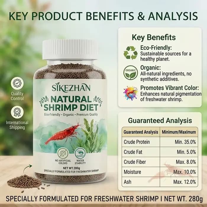 Nourriture pour crevettes biologiques 280g, alimentation naturelle écologique pour crevettes d'aquarium d'eau douce, nutrition équilibrée, granulés coulants