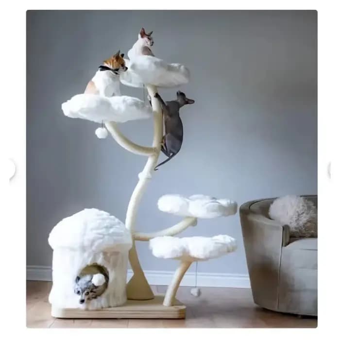 Arbre à chat moderne en bois avec motif floral