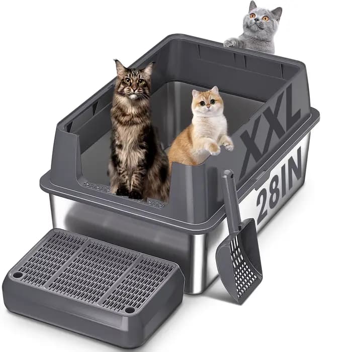 Bac à litière pour chat extra large en acier inoxydable XXL avec couvercle