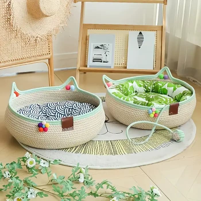 Lit pour chat de compagnie en rotin rond tressé à la main, panier rafraîchissant d'été pour chaton, paniers à gratter pour chat en corde de coton
