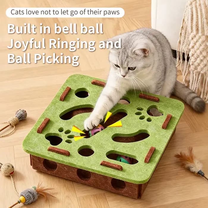 Boîte labyrinthe interactive pour chat avec clochettes et balles