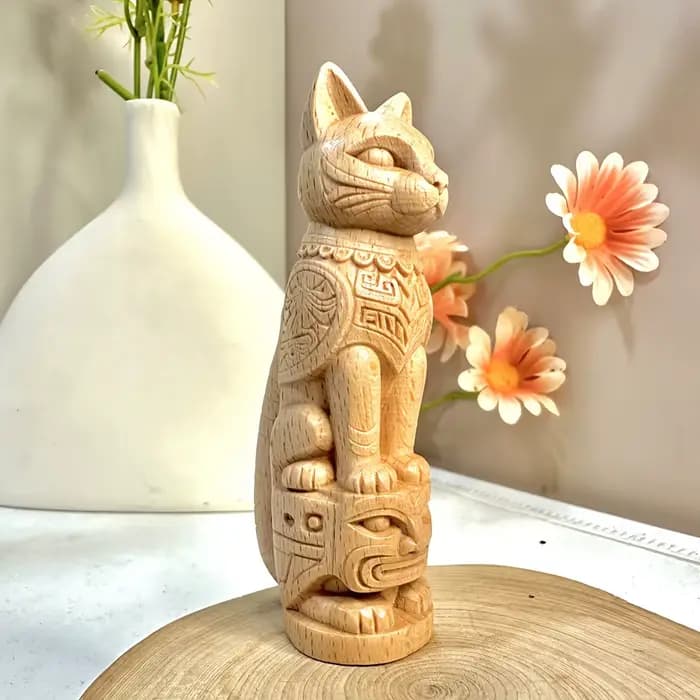 Statue de totem de chat en bois de 3,9 pouces, sculptée à la main, style tribal, adaptée à la décoration de la maison, du salon, de la chambre, du bureau, de la salle d'étude, de la table à thé, cadea
