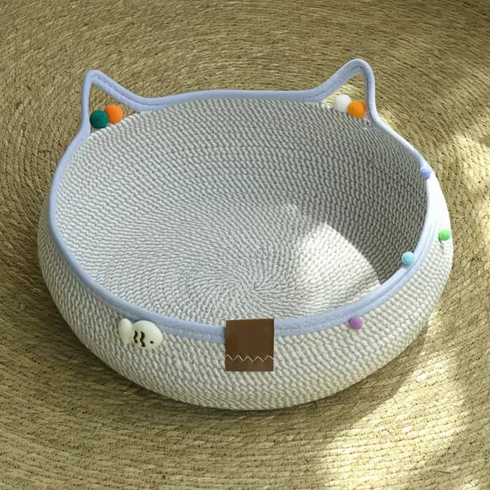Lit pour chat de compagnie en rotin rond tressé à la main, panier rafraîchissant d'été pour chaton, paniers à gratter pour chat en corde de coton