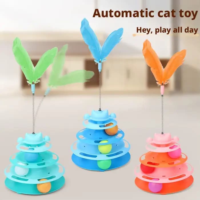 Jouet interactif pour chat : Tour de jeu avec boule tournante, piste à billes et plumes pour chatons – Fournitures d'entraînement pour animaux de compagnie