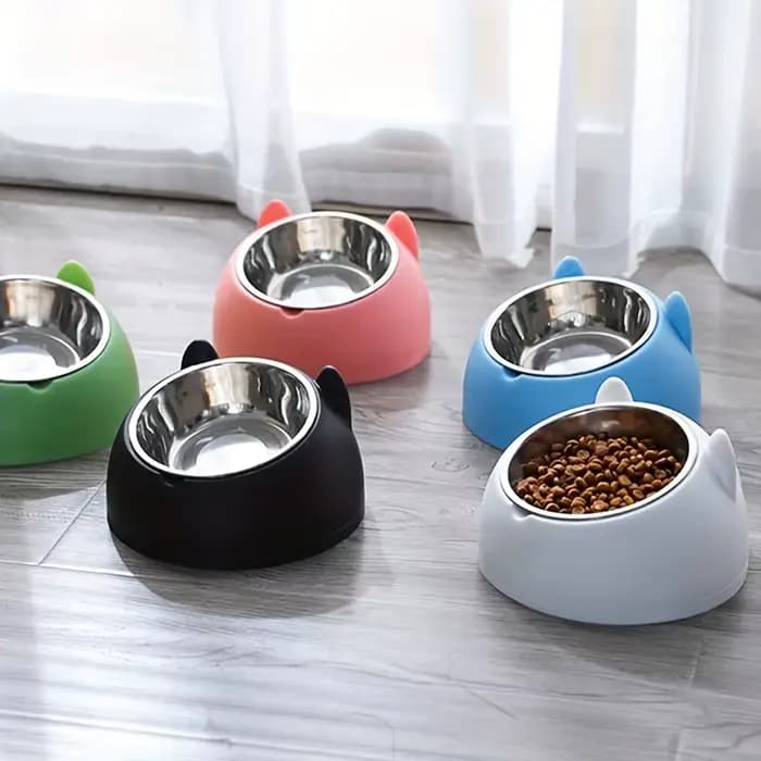 Bol pour chat 2 en 1 en acier inoxydable avec support - Design oreilles de chat mignonnes, bol incliné pour nourriture et eau, bol surélevé antidérapant pour animaux de compagnie