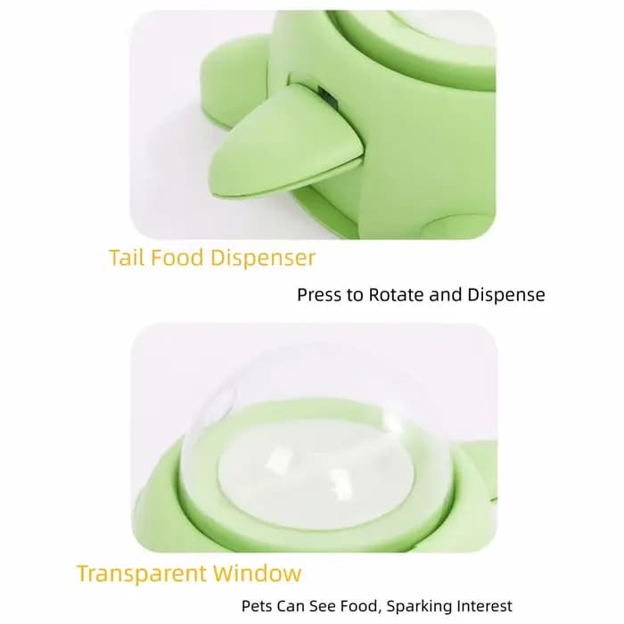 Distributeur de friandises pour chat en forme de tortue verte avec fenêtre transparente et 3 couvercles