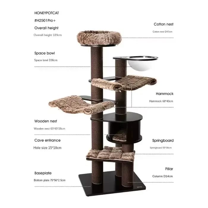 Arbre à chat en bois brun de luxe moderne avec lit en flanelle de luxe