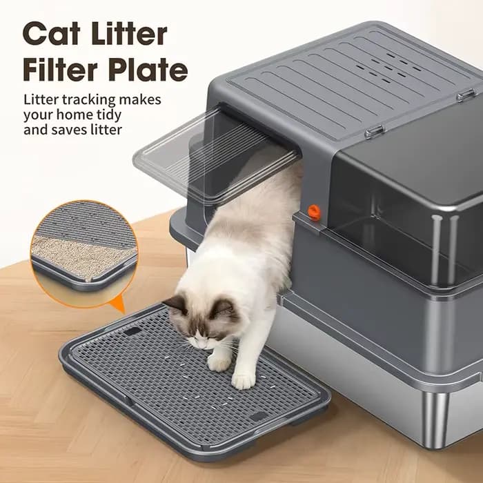Bac à litière pour chat en acier inoxydable avec couvercle
