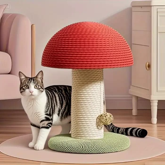 Poste à gratter pour chat en forme de champignon rouge avec tapis