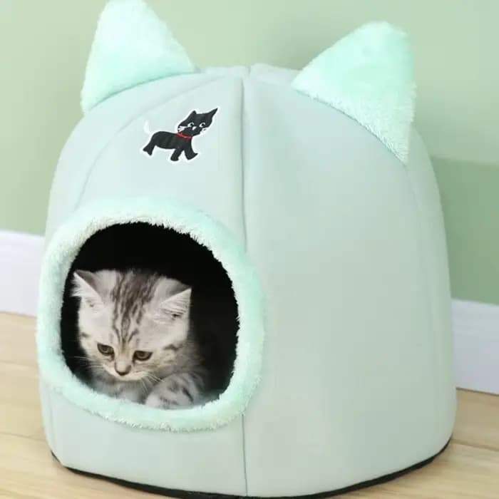Nid d'hiver universel semi-fermé pour chat, dessin animé, confortable, coupe-vent, grotte pour chat, panier de couchage chaud antidérapant pour chats et chiens