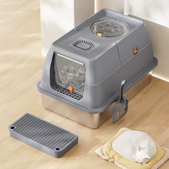 Bac à sable autonettoyant en acier inoxydable pour chat
