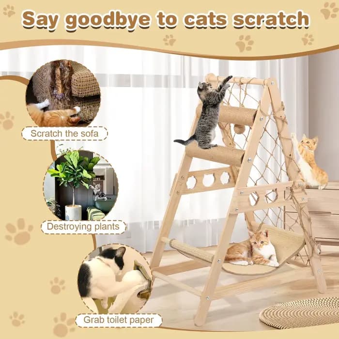 Tour d'arbre à chat en bois massif avec grattoir en Sisal