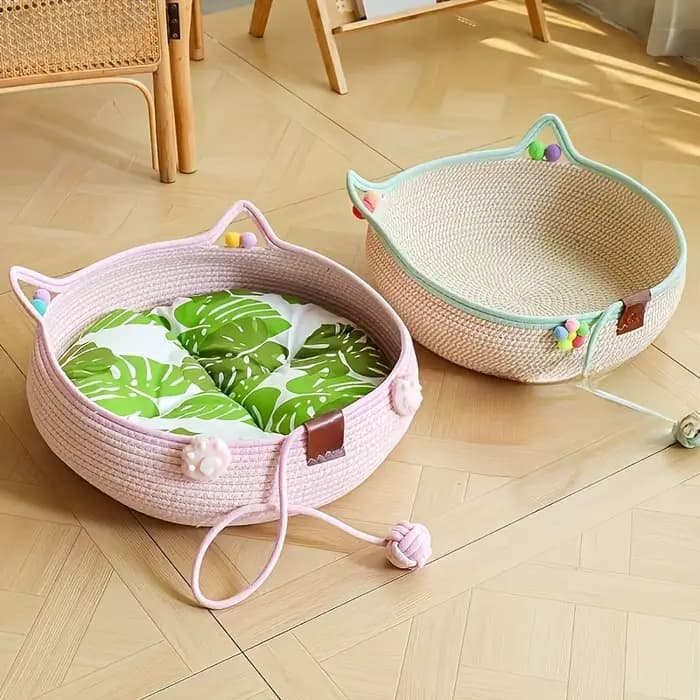 Lit pour chat de compagnie en rotin rond tressé à la main, panier rafraîchissant d'été pour chaton, paniers à gratter pour chat en corde de coton