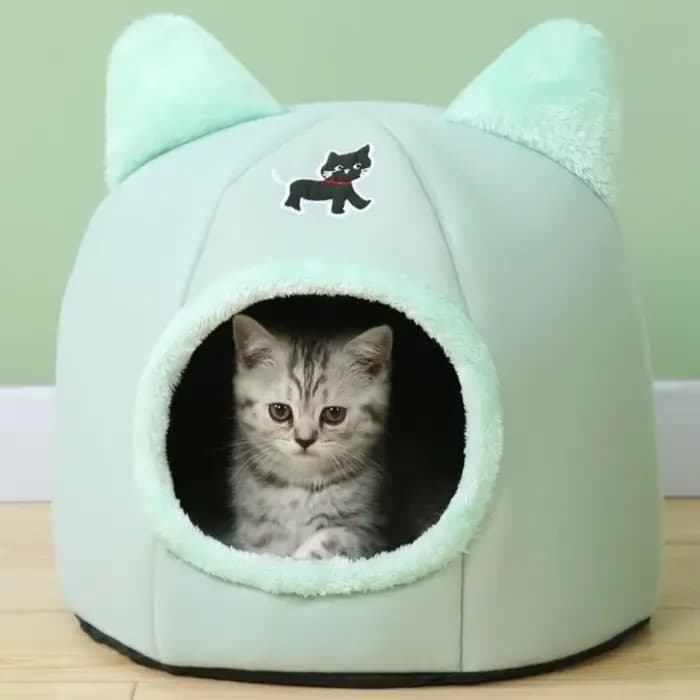 Nid d'hiver universel semi-fermé pour chat, dessin animé, confortable, coupe-vent, grotte pour chat, panier de couchage chaud antidérapant pour chats et chiens