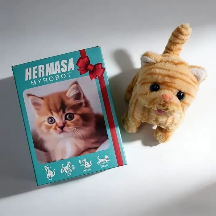 Jouet chaton réaliste et moelleux qui marche et miaule avec 6 sons