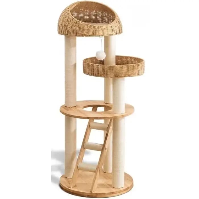Tour à chat multi-niveaux en bois gris du sol au plafond, arbre à chat en bois
