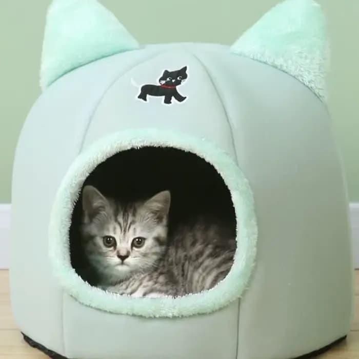 Nid d'hiver universel semi-fermé pour chat, dessin animé, confortable, coupe-vent, grotte pour chat, panier de couchage chaud antidérapant pour chats et chiens