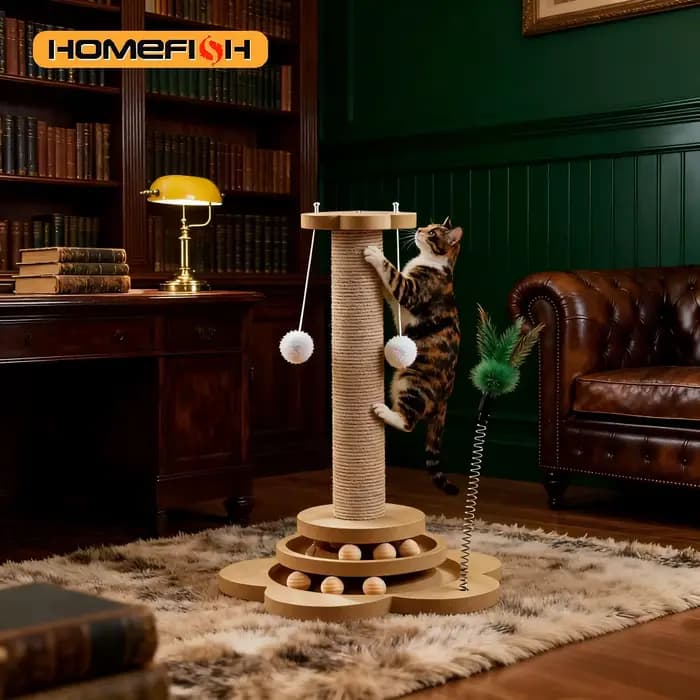 Jouet pour chat en bois massif, plateau tournant pour chat, boules de bâton amusantes, planche à gratter en Sisal Durable, fournitures pour chat, colonne de préhension pour chat