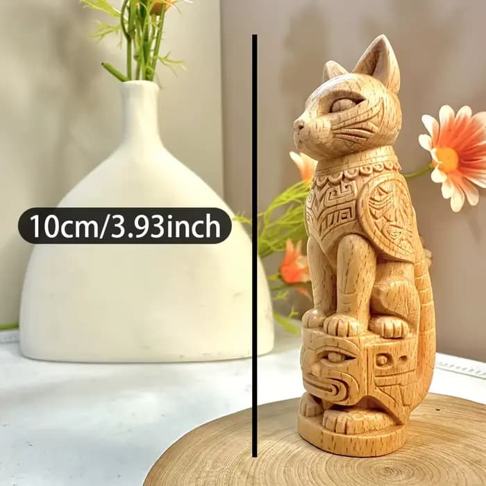 Statue de totem de chat en bois de 3,9 pouces, sculptée à la main, style tribal, adaptée à la décoration de la maison, du salon, de la chambre, du bureau, de la salle d'étude, de la table à thé, cadea