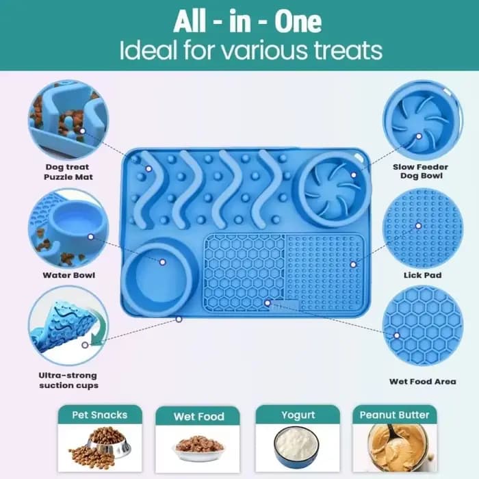 Tapis d'alimentation lente pour animaux de compagnie – Outil amélioré de soulagement de l'anxiété et de l'ennui en silicone non toxique (turquoise) avec bol en aluminium, 17 x 11 x 2 po