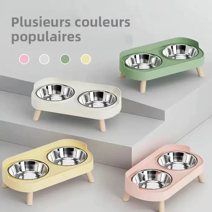 Distributeur surélevé pour animaux de compagnie Dopamine Colorful : Double gamelle en acier inoxydable avec support