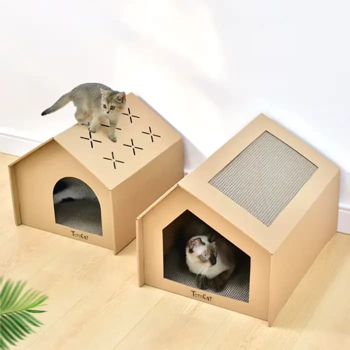 Maison de chat en papier avec tampons à gratter pour l'intérieur