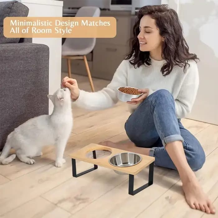 15 ° Support en bois surélevé pour animaux de compagnie avec gamelles inclinées en acier inoxydable