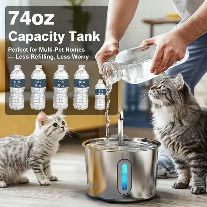 Fontaine à eau pour chats 74oz/2.2L en acier inoxydable
