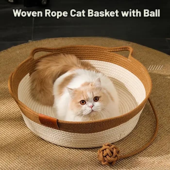 Panier Instinct pour chats, tressé à la main en corde de coton, lit d'enrichissement avec jouet en forme de queue et d'oreilles de chat, pour chiots, lapins et petits animaux
