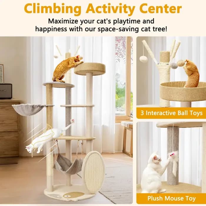 Tour à chat multifonctionnelle avec planche à gratter en Sisal et jouets