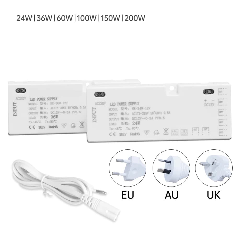 Transformateur d'alimentation LED Dupont Port 12V/24V, prise EU AU UK, 24W/36W/60W/100W/150W/200W, adaptateur secteur pour bande lumineuse LED de meuble