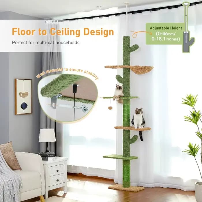 Arbre à chat réglable en hauteur pour intérieur, tour pour chat du sol au plafond avec poteaux à gratter, condo pour chat, hamac et balles suspendues