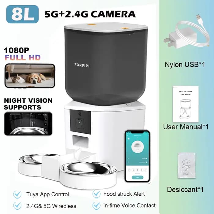 Furpipi mangeoire automatique pour chat avec caméra 1080p WiFi 8L facile à nettoyer Smartlife Tuya APP télécommande