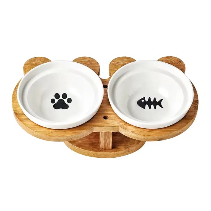 Nouveau Amboo bois céramique chat bol fournitures pour animaux de compagnie Double bols nourriture eau bol Protection