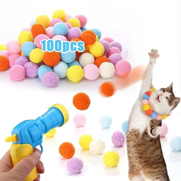 Jouets interactifs pour chatons : Jouet d'entraînement créatif avec mini pistolet lanceur et balles en peluche extensibles – Fournitures pour animaux de compagnie