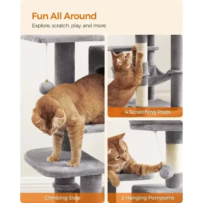 Arbre à chat pour chats d'intérieur, design multi-niveaux de 44,1 pouces avec 4 poteaux à gratter, perchoirs, hamac et grotte pour fournitures pour animaux de compagnie