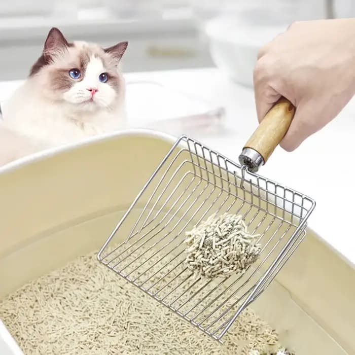 Pelle à litière pour chat en acier inoxydable, manche en bois, facile à nettoyer, beau, poussière SAP, adaptée aux toilettes pour petits chiens