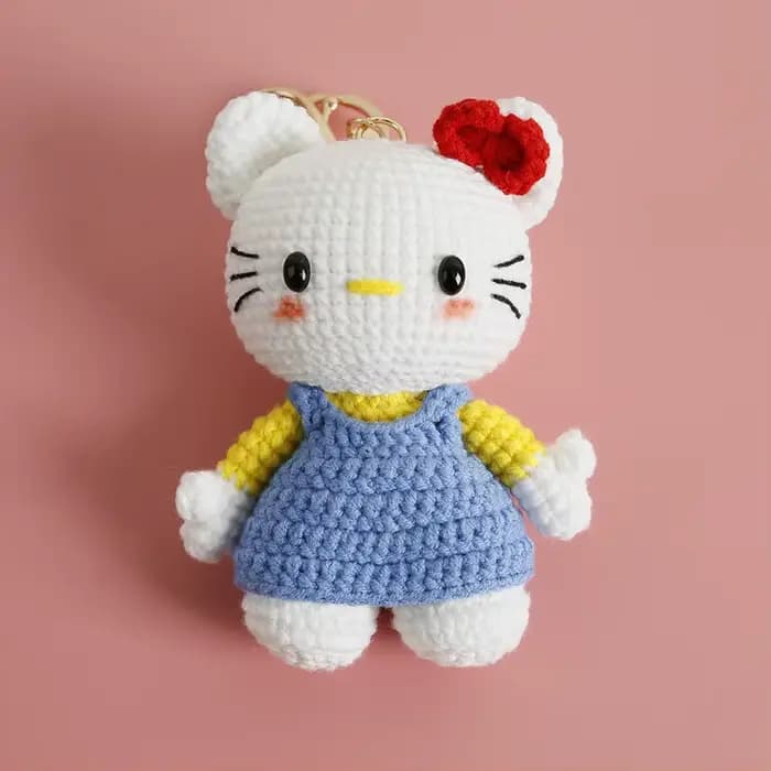 Porte-clés en forme de chat au crochet charmant fait à la main, jolie figurine en peluche faite à la