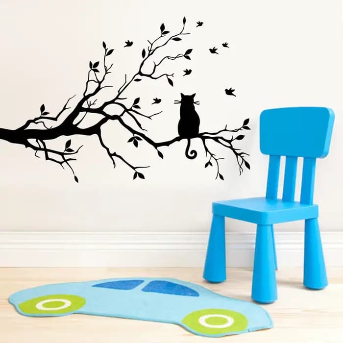 Autocollants muraux chat sur branche d'arbre, décoration de salon, fond de canapé, décoration de la maison, autocollants décoratifs pour chambre à coucher, papier peint auto-adhésif animal