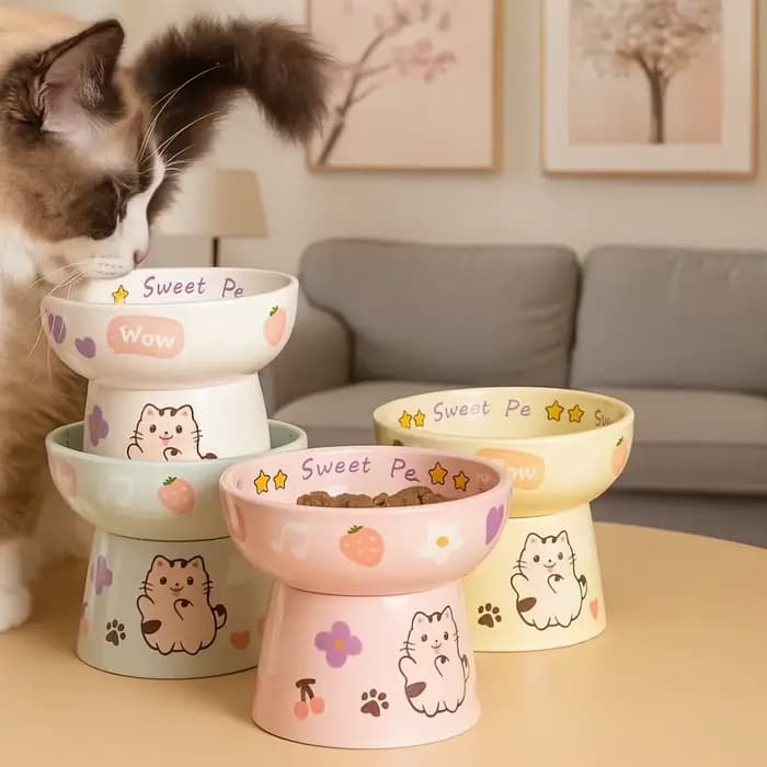Bol en céramique pour chat anti-renversement, bol à nourriture pour chien mignon, antidérapant, grande capacité, bol surélevé pour animaux de compagnie, chaton, chiot