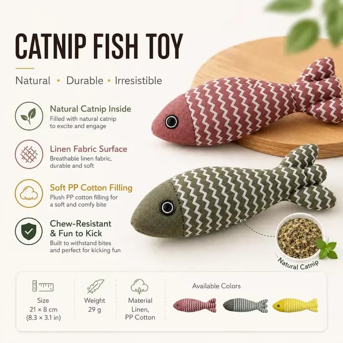 Jouet pour chat en lin imitation poisson à la catnip naturelle