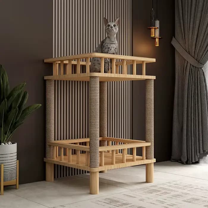 Arbre à chat pour chats d'intérieur, structure d'escalade en bois de pin massif, poteau à gratter en corde de sisal naturelle, mobilier pour chat peu encombrant