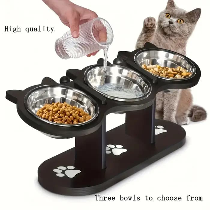 Bol pour chat surélevé à 3 niveaux avec supports en bois et acier inoxydable